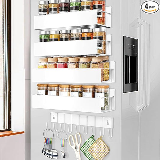 SMRCAD Magnetic Spice Rack Organizer for Fridge Seasoning Organizer for Kitchen storage with Screw Magnetic Shelf with Hook for Refrigerator and Oven (4pack1hook-White)