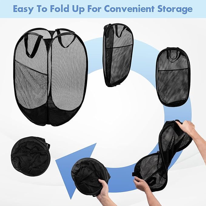 DUCOO Pop Up Laundry Hamper, 70L Collapsible Mesh Laundry Basket with Side Pocket, Foldable Dirty Clothes Hamper with Sturdy Reinforced Handles for Home Dorm Bedroom Travel Storage, Black, 2Pack