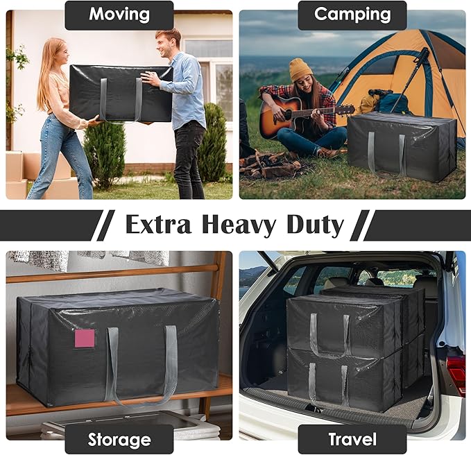 12 Pack Moving Bags with Full-Open Side Zipper, Extra Large 93L Heavy Duty Waterproof Foldable Storage Totes for College Dorm, Moving & Home Organization Gray