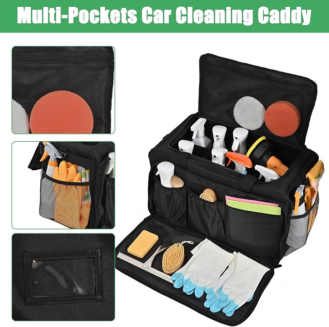 Extra Large Car Detailing Bag, Cleaning Caddy with Lid and Handle for Auto Detailing Supplies, Car Cleaning Storage Trunk Organizer for Polisher and Vehicle Wash Tools, Black