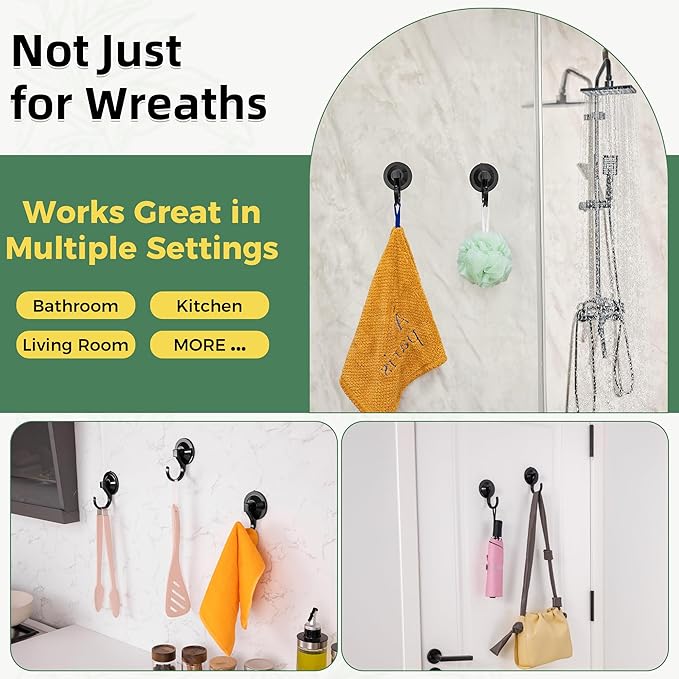 ANDGOO Large Suction Cup Hooks for Door Wreaths, 4 Pack Wreath Hangers for Front Door, Glass, Window, Shower, Upgraded 1.9" Diameter Wreath Holder, No Tools, No Damage, Holds Up to 22 lbs, Black