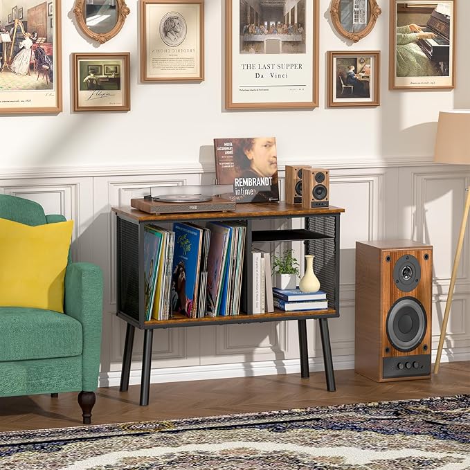 Record Player Stand with Adjustable Divider Vinyl Storage Holder Up to 200 Albums Mid-Century Large Record Player Table Vinyl Holder Turntable Stand End Table for Bedroom & Living Room, Patent Pending