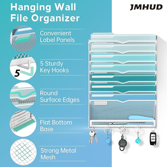 8-Tier Hanging Wall File Organizer with 5 Hooks, Mesh Wall File Holder Vertical Mount Mail Organizer for Papers, Folders, Magazines, Bills, Office and School, White