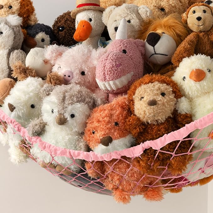 Stuffed Animal Storage Hammock Net Corner - Large Toy Hammock Net for Stuffed Animals Room Decor - Cute Stuff Animal Organizer Holder for Plush Plushie - Kids Baby Nursery Wall Bedroom Home Decor