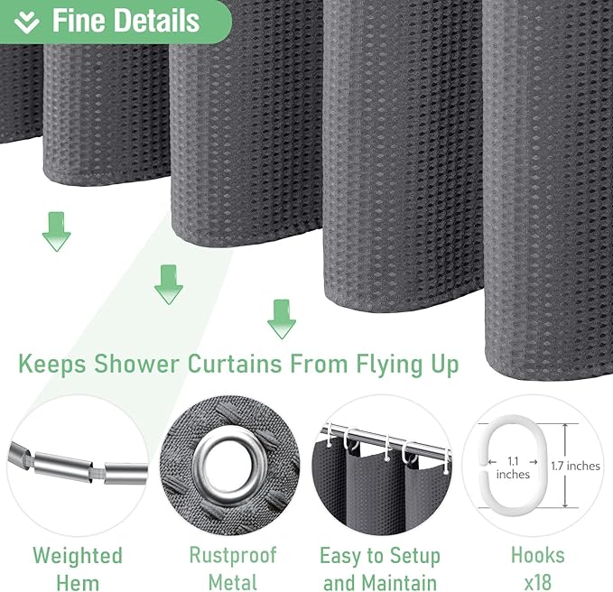Dynamene Extra Wide Shower Curtain-108 Inch Wide Waffle Weave Weighted Thick Cloth Bathroom Shower Curtain, Neutral Heavy Duty Hotel Bath Curtain Set with 18 Plastic Hooks,108x72, Charcoal Grey