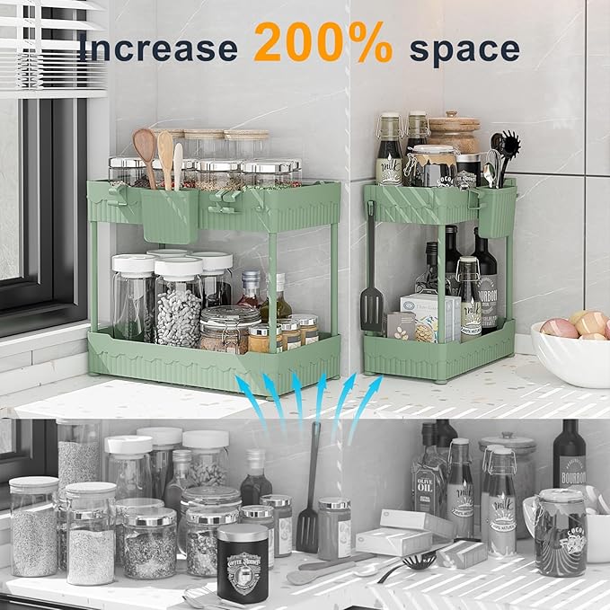 2 Pack Under Sink Organizer, Under Bathroom Cabinet Organizer with Hooks Hanging Cup, Multi-Purpose Storage Shelf for Kitchen Bathroom (Green, L)