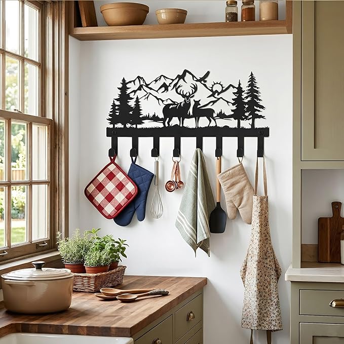 Deer Metal Key Holder for Wall, 14.5" X 8.9", Key Hooks for Wall Organizer, Key Rack, Forest Theme Coat Hat Towel Hooks, Ideal for Living Room, Hallway, Office