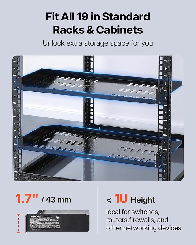 VEVOR 4PCS 1U Server Rack Shelf, Universal Vented Rack Mount Cantilever Tray for 19" Network Equipment Rack & Cabinet, 10" Deep Rack Mount Shelf