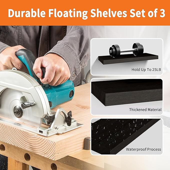 Upassion Floating Shelves for Wall Set of 3, 16" Black Wall Shelves for Home Decor, Frame Display Floating Shelf for Living Room, Bedroom, Bathroom, Kitchen