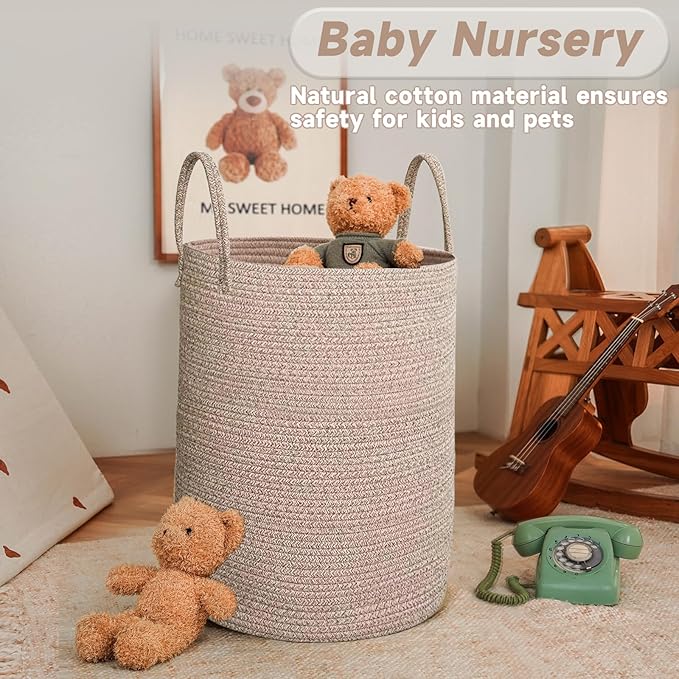 JMvicyroam Large Woven Laundry Basket Hamper,100L Cotton Rope Storage Bin for Blankets,Toys and Clothes,Decorative Tall Nursery Hamper for Living Room,Baby Nursery,Bathroom and Bedroom,Oatmeal