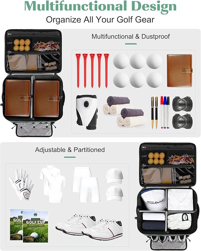 Golf Trunk Organizer, Waterproof Car Golf Locker with Separate Ventilated Compartment for 2 Pair Shoes, Golf Storage for Balls, Tees, Cap, Clothes, Gloves, Accessories, Gifts for Men, Women
