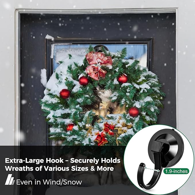 ANDGOO Large Suction Cup Hooks for Door Wreaths, 4 Pack Wreath Hangers for Front Door, Glass, Window, Shower, Upgraded 1.9" Diameter Wreath Holder, No Tools, No Damage, Holds Up to 22 lbs, Black