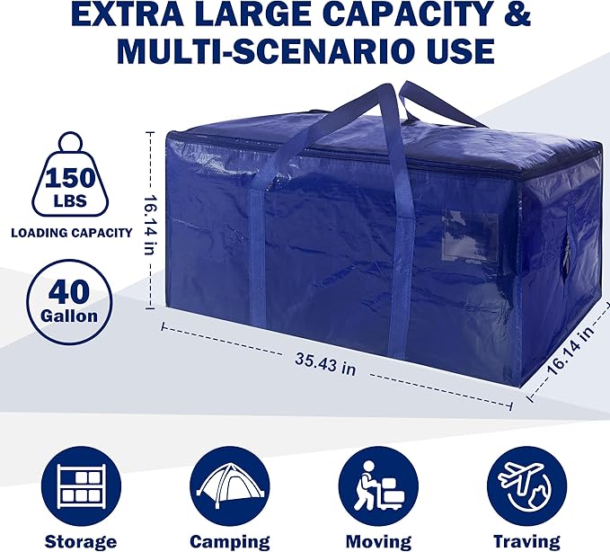 12 Pack Extra Heavy Duty Large Moving Bags with Strong Zipper & Carrying Handles, Sturdy Clothes Storage Bag Totes Bins, Packing Bags Moving Boxes College Moving Supplies, Dark Blue - 40 gal