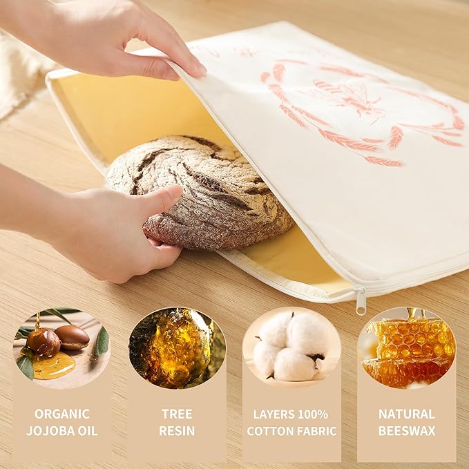 WiNDANCE Wide Zipper Access Beeswax Bread Bags for Homemade Bread - 2 Packs XL Reusable Organic Beeswax Linen Cotton Sourdough Bag, Homesteading Essentials Sourdough Bags with Zip to Keep Fresh