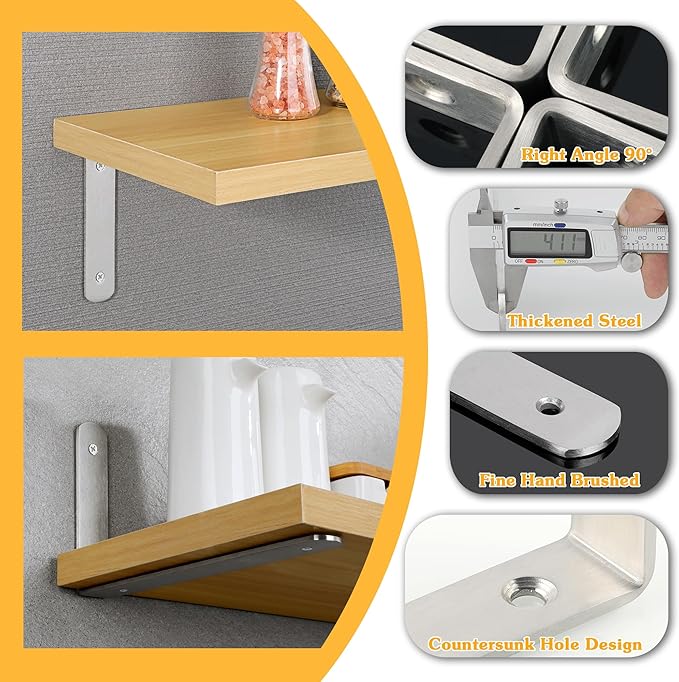 Alise Floating Shelf Brackets,L Brackets for Shelves Heavy Duty Wall Bracket Corner Brace,Stainless Steel Joint Angle Bracket for Wooden Board Support,Brushed,8x5-3/5 Inch(Upgraded,Pack of 4)