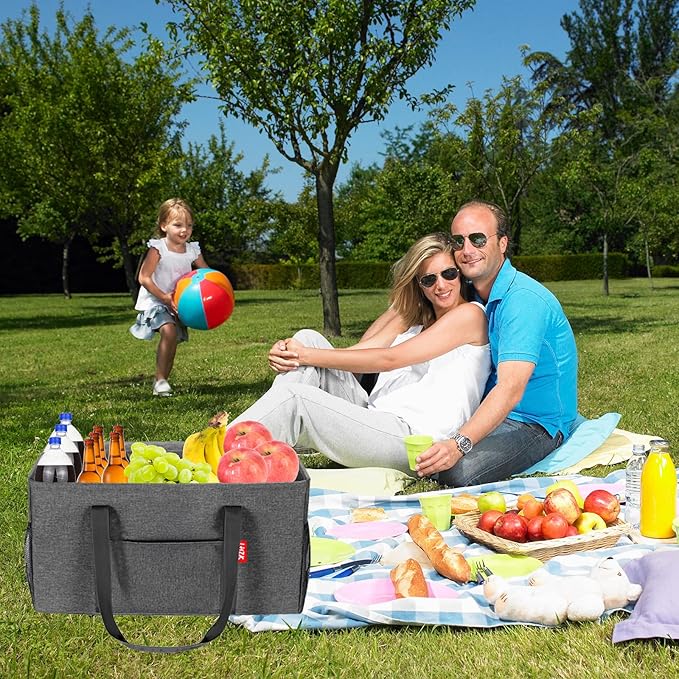 LHZK 2 Pack Extra Large Utility Tote Bag with Metal Wire Frame and the Sides Rinforced, Extra Large Tote Bag with Handle for Pool Beach Laundry Storage (Grey)