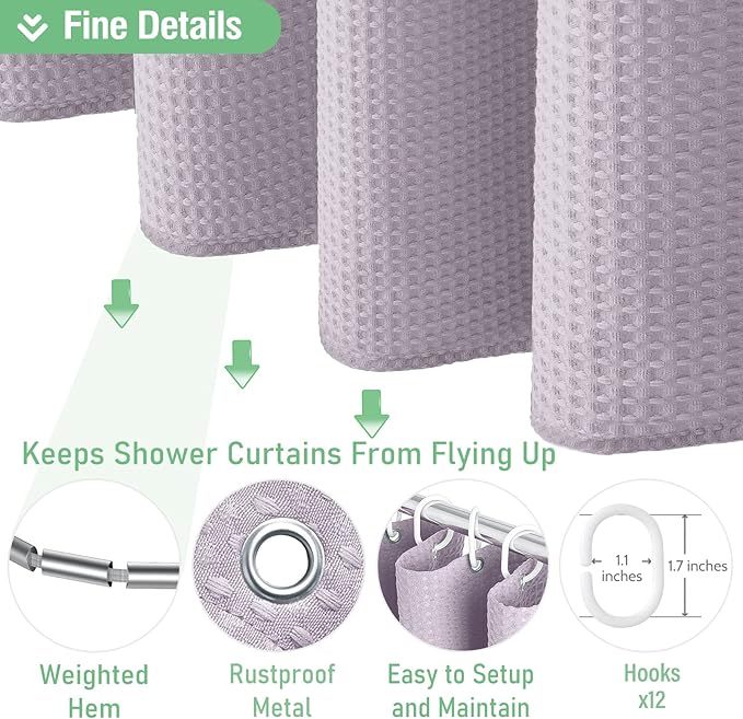 Dynamene Extra Long Shower Curtain - 96 Inch Long Waffle Weave Weighted Thick Cloth Bathroom Shower Curtain, Neutral Heavy Duty Hotel Bath Curtain Set with 12 Plastic Hooks,72x96, Lavender