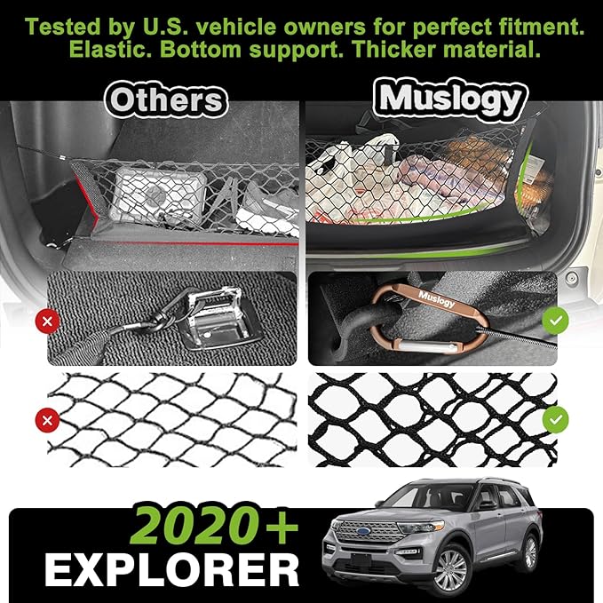 Muslogy Truck Bed Cargo Net Trunk Netting Compatible with 2020-2024 2025 2026 Ford Explorer Accessories, Pickup Cargo Organizer SUV Sedan Storage Net w/Heavy Duty Carabiners