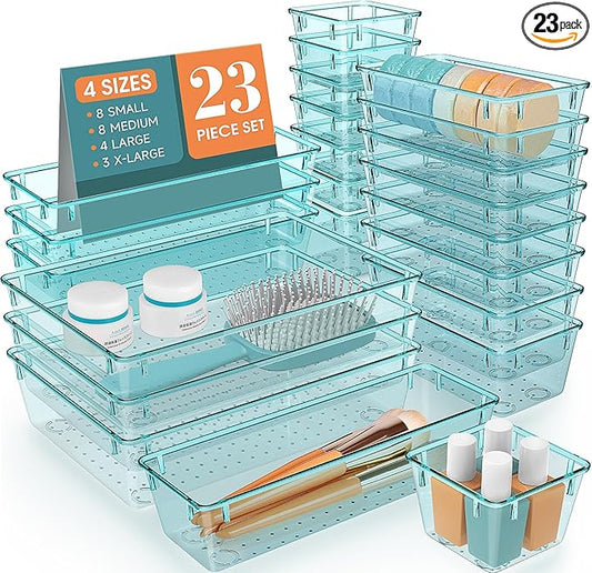 StorMiracle 23 PCS Clear Plastic Drawer Organizers Set, 4 Size Desk Drawer Organizer Trays for Makeup, Jewelry, Kitchen Utensils, Gadgets and Office Accessories, Sea Blue