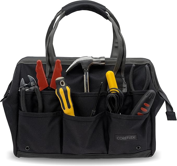 Coreflex 14 inch Wide-Mouth Tool Bag, Gear Bag, Multiple Purpose - for Plumbers, Electricians, Handymen also good for daily use, office use and camping. (Black)