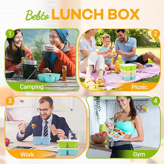 Bento Box Adult Lunch Box- 4 Pack,4 Compartment Snack Containers Reusable Meal Prep Stackable BPA-Free Lunch Containers for Home, Work, Travel (4 Color)