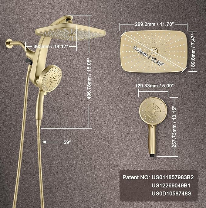 BOZYBO Rain Shower Head with Handheld: High Pressure Shower Heads with Handheld Spray Combo, 12" Rainfall Shower Head and 9 Sprays Hand Showerheads with Magnetic Docking and Power Jets, Gold 2.5GPM