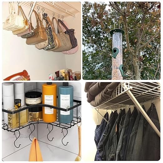 7 Pack S Hooks for Hanging with Safety Buckle, 5 inch Heavy Duty Black Vinyl Coated Wire Shelving Hooks, Pot Rack Hooks for Hanging Plants, Bags, Kitchen Utensils, Cups, Pans