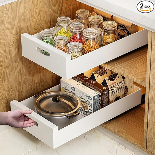 HBL' 2 Pack | 21" Deep Pull Out Cabinet Organizer Adhesive, 10-Inch Wide Sturdy Carbon Steel Roll-Out Drawers for Face Frame or Frameless Cabinets,Slide-Out Shelves for Pantry.