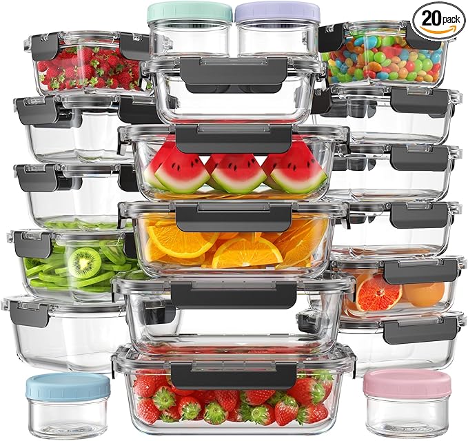 KEMETHY 40 PCS Glass Food Storage Containers with Lids(20 Container & 20 Lid), Borosilicate Glass Meal Prep Containers for Kitchen Storage and Organization, BPA-Free, Leak Proof, Reusable