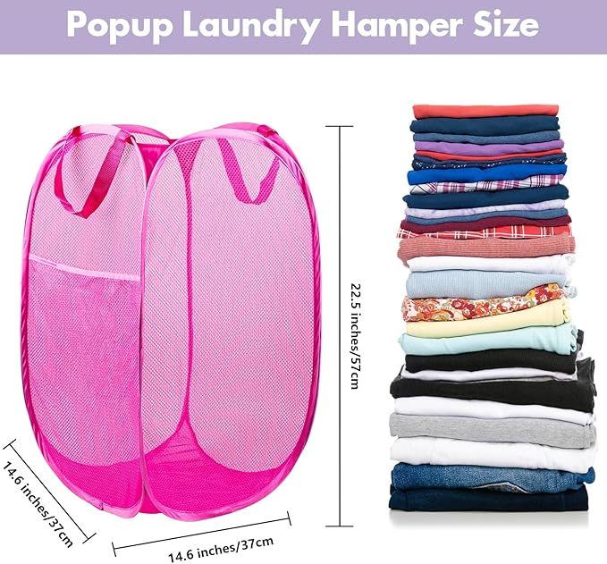 DUCOO Pop Up Laundry Hamper, 70L Collapsible Mesh Laundry Basket with Side Pocket, Foldable Dirty Clothes Hamper with Sturdy Reinforced Handles for Home Dorm Bedroom Travel Storage, Pink, 2Pack