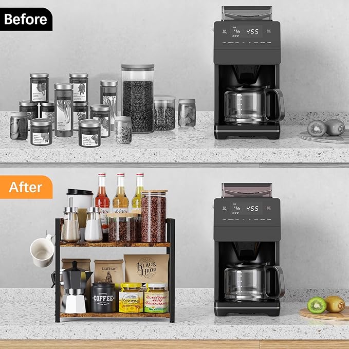 2 Tier Kitchen Counter Shelf Organizer, Coffee Bar Station Organizer for Countertop，Space Saving Spice Rack, Desk Shelf Riser, Coffee Bar Accessories(Rustic Brown, Medium) | Organizer, Coffee Bar Station, Space Saving, Spice Rack, Desk Shelf Riser