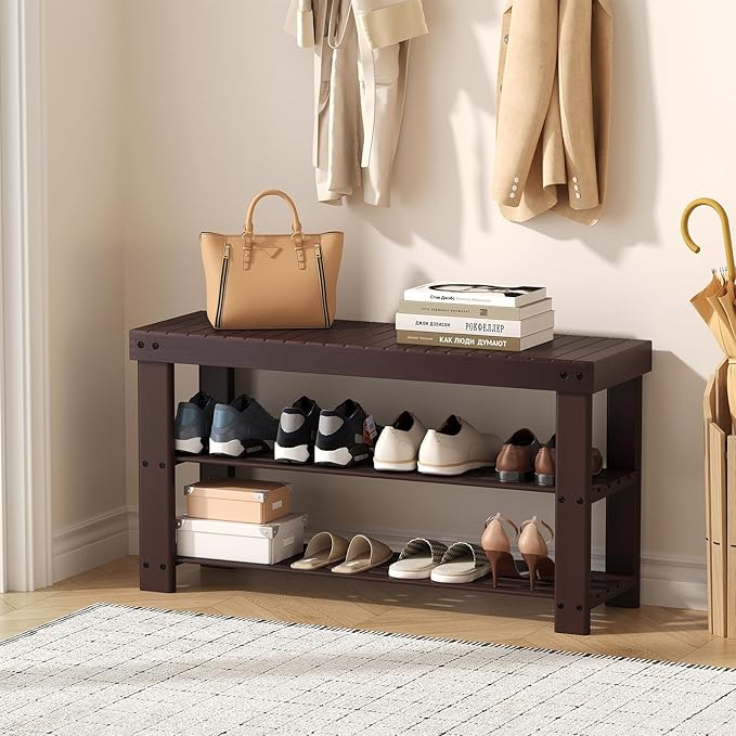 Sweetcrispy Shoe Rack Bench, 3-Tier Bamboo Entryway Storage Organizer, 286lb Capacity, Shoes Stand for FrontDoor Entrance, Bedroom, Living Room, Bathroom, Balcony, 35 Inches Length, Brown