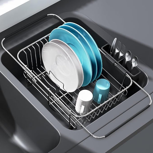 Apartment RV Small Dish Drainer Drying Rack Over The Sink In Stainless Steel for Narrow Kitchen, Counter Space Saving Compact Expandable Metal Plate Dryer Strainer, Modern Above Wire Drain Holder