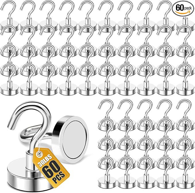 DIYMAG Magnetic Hooks, 30lbs+ Magnet Hook 2026 Cruise Cabin Ship Essentials Heavy Duty Strong Magnets Refrigerator Fridge Hanging for Classroom Beach Vacation Kitchen Grills Home 60 Pack