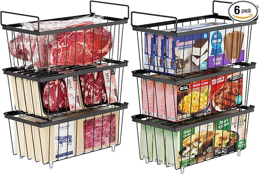 iSPECLE Chest Freezer Organizer Bins - Fits 7 Cu.Ft Deep Freezer, 6 Pack Stackable Wire Baskets(14.7" Length), Heavy Duty Coated Freezer Organizer, Rust Resistant for Frozen Food Sorting, Black