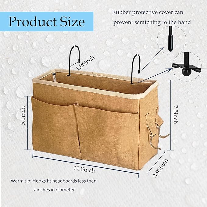 Bedside Caddy Bedside Hanging Storage Basket Multi-Function Organizer Caddy for Bunk and Hospital Beds Dorm Rooms Bed Rails, Can be Placed Glasses Books Mobile Phones（Dark khaki）