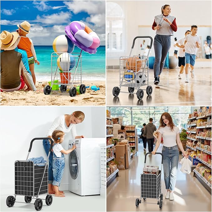 Whitmor Foldable Utility Shopping Cart with Wheels, 60Lb Capacity, Heavy Duty Grocery Cart with Steel Frame, Foam Handle, Rolling Utility Cart for Grocery, Laundry, Travel, Sliver/w Liner