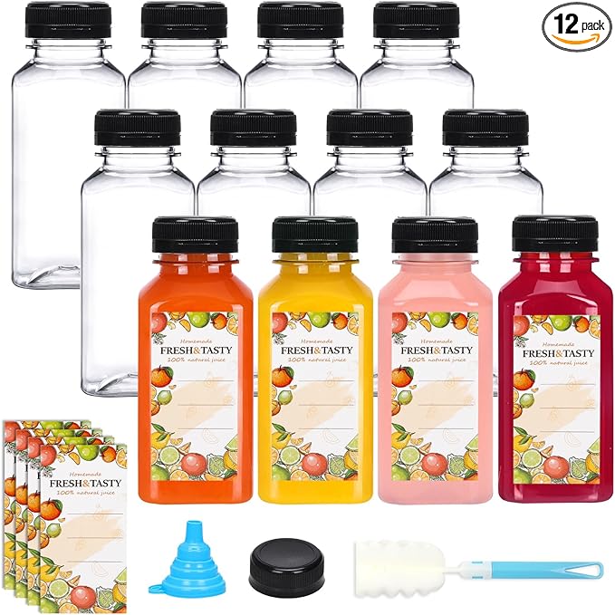 TOMNK 12pcs 8oz Plastic Juice Bottles with Caps Empty Reusable Clear Bottles with Label, Funnel and Brush Beverage Containers Bulk with Lids for Juicing, Smoothies, Fridge