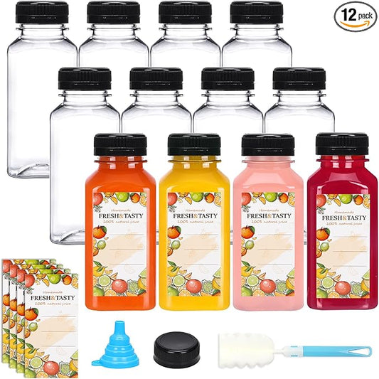 TOMNK 12pcs 8oz Plastic Juice Bottles with Caps Empty Reusable Clear Bottles with Label, Funnel and Brush Beverage Containers Bulk with Lids for Juicing, Smoothies, Fridge
