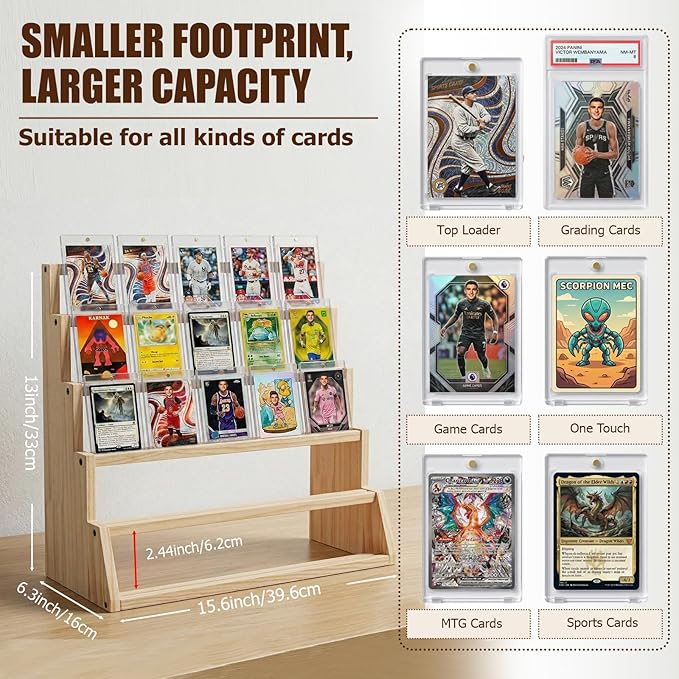 5 Tier Wooden Card Display Stand – Vertical Card Holder Display for Trading Cards, Game Cards, Sports Cards, Graded PSA/BGS/SGC, Baseball, Basketball&Football(Soccer) Card Stand, Desk & Shelf Organize,Natural