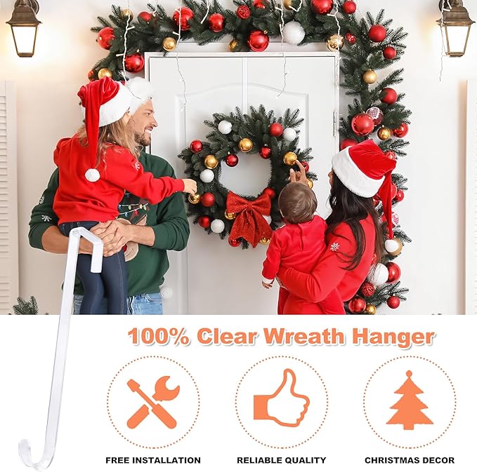 12" Clear Wreath-Hanger Non Scratch Hooks, 1 Pack Wreath-Hanger, Over The Door Hooks Deceneration, Slim Hangers Organizer