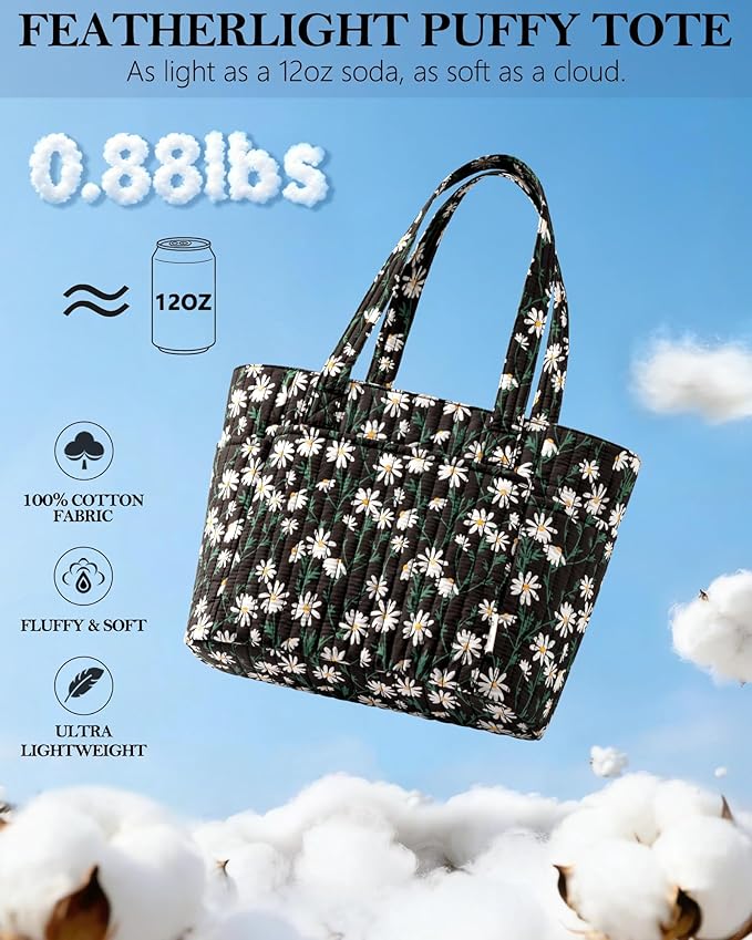 Bagstellar Puffer Tote Bag for Women, Quilted Cotton Laptop Work Tote Shoulder Bag for College School, Teacher, Nurse, Travel | Top Full-zip Closure