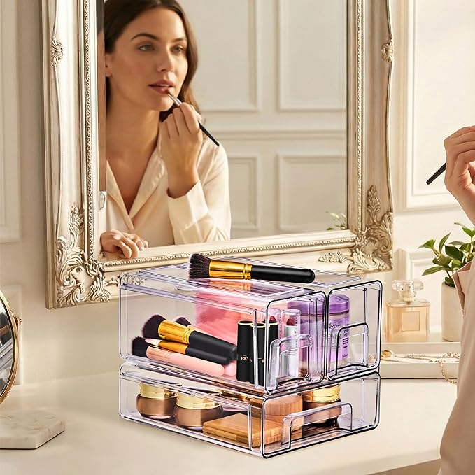 Sorbus 1 Medium & 2 Small Clear Stackable Storage Drawers, Plastic Organizer Bins with Handles, Pull-Out Drawers for Bathroom Closet, Medicine, Cabinet, Pantry Storage, Baby Bottle Organizer