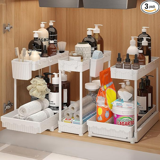 3 Pack Multi-Purpose Under Sink Organizers and Storage, 2026 L-Shaped Pull Out Cabinet Organizer for Bathroom & Kitchen, Under Cabinet Organizer with Hooks Hanging Cup, White
