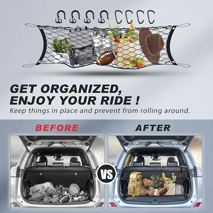 Cargo Net for Chevy Tahoe/GMC Yukon/Suburban 2015-2020, Karltys Trunk Net for Chevrolet Tahoe Accessories Envelope Style Netting with Metal Hooks, Highly Elastic Trunk Cargo Organizer for Yukon