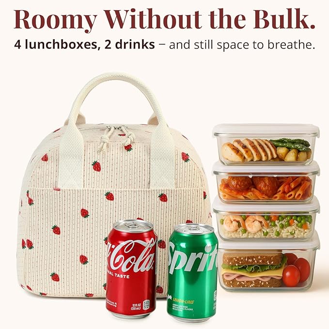 LOVELYWIND Insulated Strawberry Lunch Bag for Women, Stylish Corduroy Tote with Aluminum Lining, Large Capacity Reusable Cooler for Work, Travel, Beach or Picnic, Beige Cream Water-Resistant Lunch Box