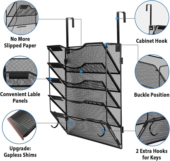 BOHDK Wall File Organizer 5 Pockets, Mail Organizer, Hanging Folder Holder, Foldable | Hanging or Wall Mounted | Label Panel | 2 Hooks | Office Home School Organizer, Black