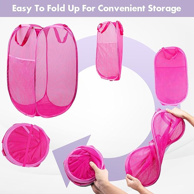 DUCOO Pop Up Laundry Hamper, 70L Collapsible Mesh Laundry Basket with Side Pocket, Foldable Dirty Clothes Hamper with Sturdy Reinforced Handles for Home Dorm Bedroom Travel Storage, Pink, 2Pack