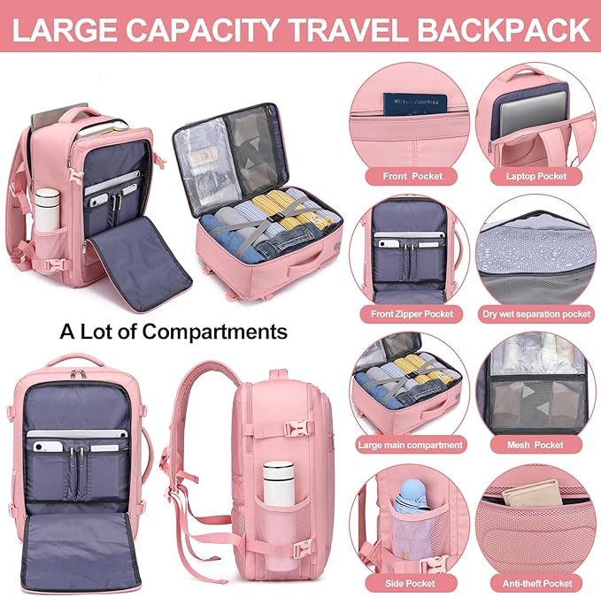 Carry On Backpack for Women,Travel Backpack Flight Approved,Underseat Personal Item Travel Bag With Shoe Compartment, TSA 15.6" Laptop Back Pack Casual Daypack for College Weekender Business,Pink
