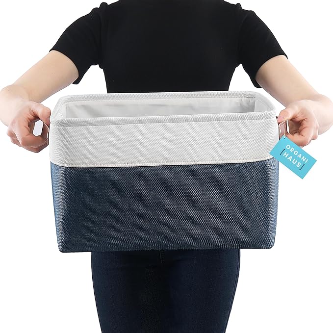 OrganiHaus Large Fabric Storage Baskets for Shelves 3 Pack, 15x11in Closet Storage Bins, Canvas Storage Bin for Organizing, Cloth Baskets, Linen Closet Organizers, Navy Blue/Off-White